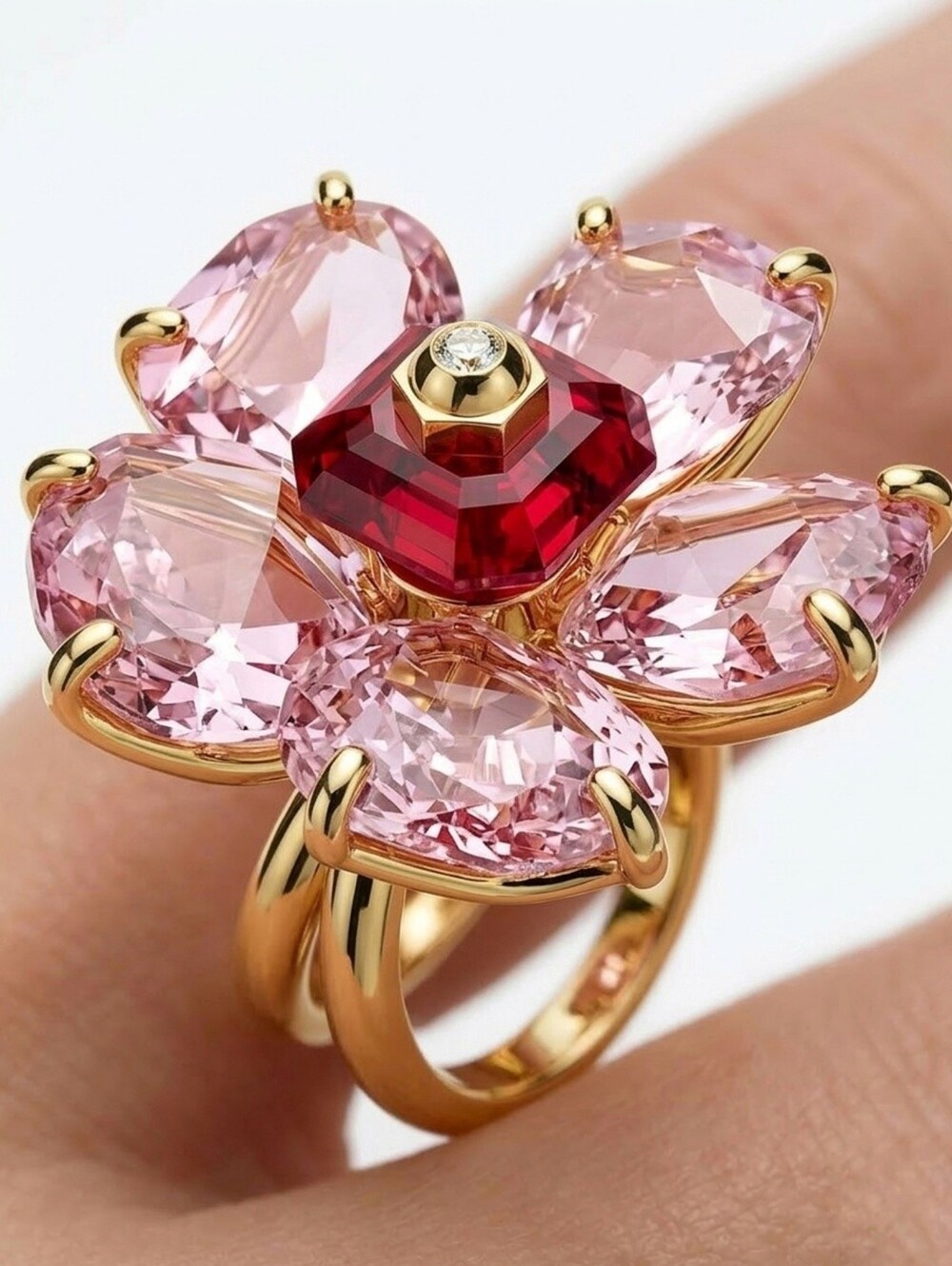 Swarovski Idyllia Ring – Pink Heart Crystals, Red Center Stone, Gold-Tone Band